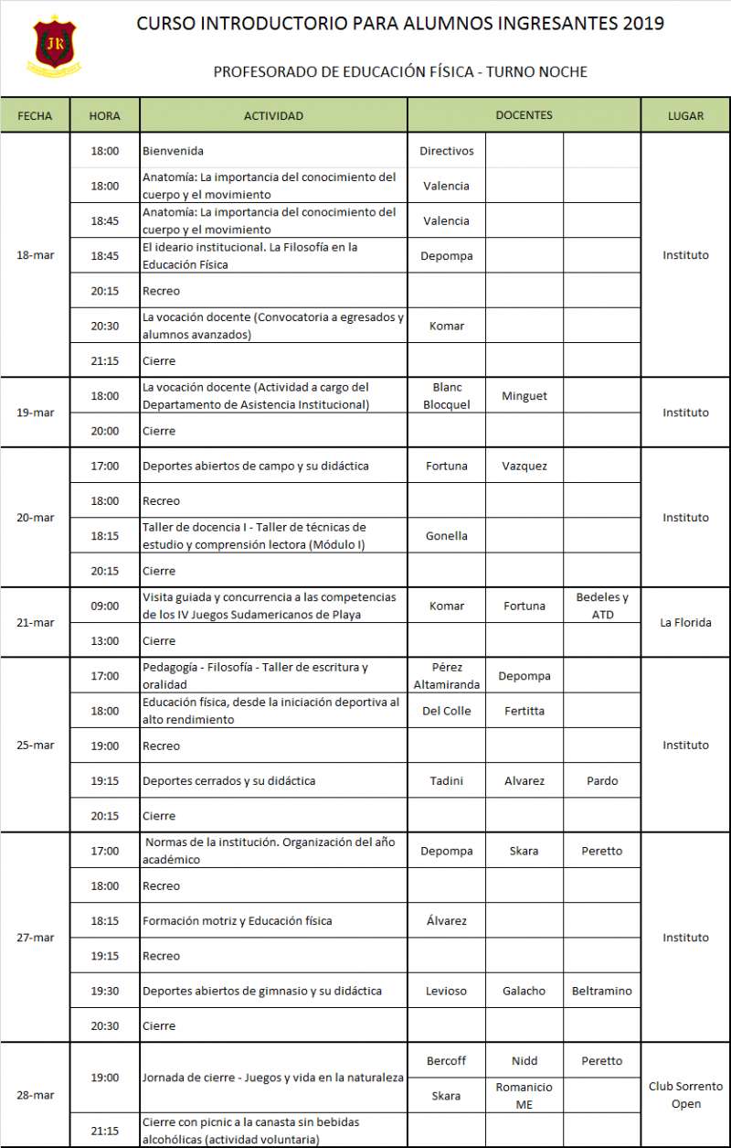 Curso introductorio para ingresantes 2019 - Profesorado de Educación Física - Turno noche